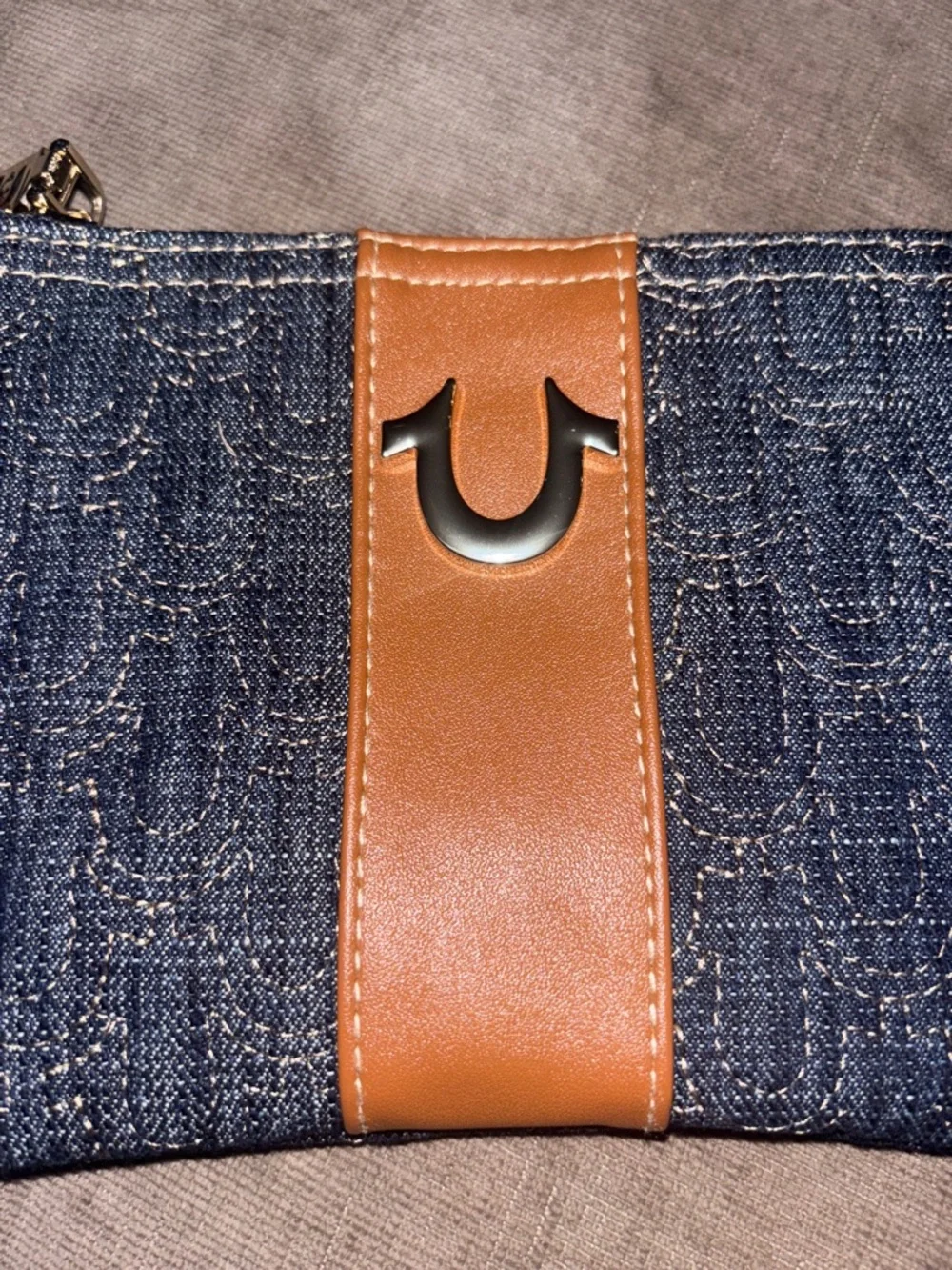 True Religion Navy Denim and Tan Leather Wristlet